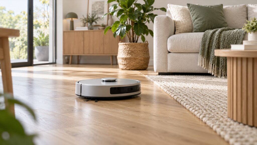 Illustration éditoriale d’un aspirateur robot générique dans un salon